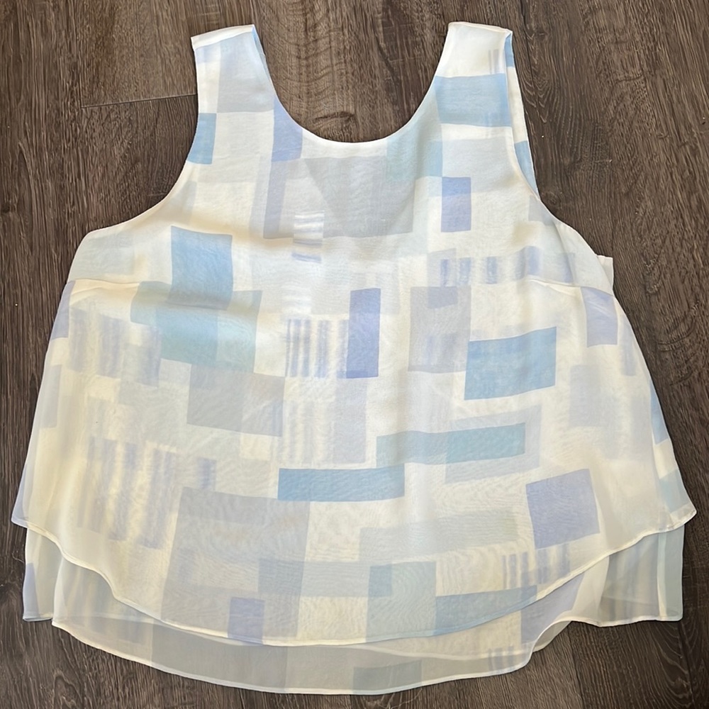 Joie Sheer Silk Blue and White Square Print Blouse